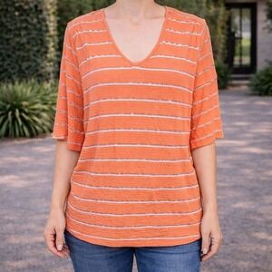 Studio JPR Orange Striped V Neck Back Ring Detail 3/4 Sleeve Top Women's L